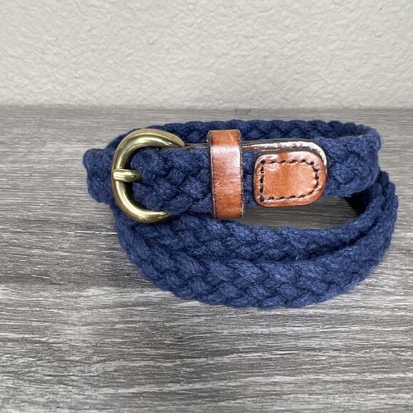 J Crew Braided Cotton Skinny Belt Womens S/M Navy Blue Leather Buckle Preppy - Picture 5 of 5